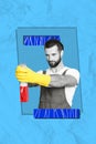 Vertical collage of black white effect neat cleaning guy latex gloves hold detergent spray bottle isolated on paper blue
