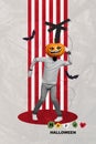 Vertical collage brochure of crazy mad scary no face character dancing hanging on strings isolated on drawing background Royalty Free Stock Photo