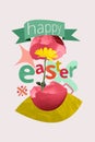 Vertical collage celebration greeting postcard happy easter cracked egg two half yellow daisy flower inside festive Royalty Free Stock Photo