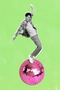 Vertical collage composite image of excited person black white gamma enjoy dancing partying on green background