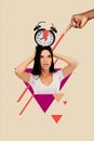 Vertical collage creative abstract paint unusual colorful angry late furious young woman hate clock alarm crack finger Royalty Free Stock Photo