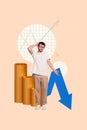 Vertical collage creative banner poster young upset businessman worker standing big coins tokens money loss arrow down