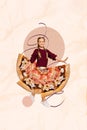 Vertical collage creative illustration beautiful lovely happy young lady child preteen food pizza skirt abstract pizza Royalty Free Stock Photo