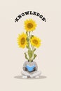 Vertical collage creative illustration headless sunflower absurd person read book bouquet smart clever student white Royalty Free Stock Photo