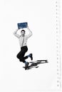 Vertical collage creative picture of funky guy gentleman jumping hold hand drawn scribble cube shipping isolated on