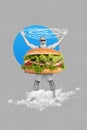 Vertical collage creative picture image monochrome effect excited happy funny old man raised hand hamburger gigantic