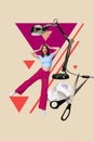 Vertical collage creative poster beautiful cheerful charm young woman pose model scissors paper lamp electric colorful