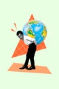 Vertical collage creative poster black white effect little smart diligent boy hold large globe carry walk geography
