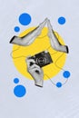 Vertical collage creative poster black white filter three human hands clap high five hold camera photographer exclusive