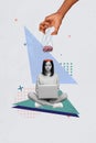 Vertical collage creative poster monochrome effect emotionless woman young work distance freelance laptop steal brain