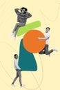 Vertical collage creative poster monochrome effect hard work colleagues teamwork three hold jump sit walk beige