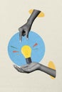 Vertical collage creative poster monochrome effect idea brainstorm mind eureka touch hold hand levitation colorful