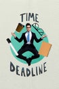 Vertical collage creative poster peaceful harmony successful young man meditation multitasking time deadline white Royalty Free Stock Photo