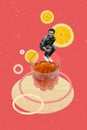 Vertical collage creative poster of young carefree guy student jumping inside glass cognac slice lemon bar advert