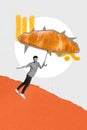 Vertical collage design 3d picture of funny flying parasol look like abstract french bakery croissant isolated on grey