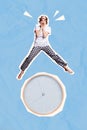 Vertical collage design photo of young dissatisfied funny woman unhappy jump late for job awake alarm clock on
