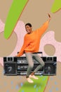 Vertical collage excited cheerful young dancing person boombox music performance drawing background