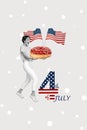 Vertical collage of excited funny black white effect girl hold big donut american national flag 4 july celebration