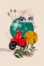 Vertical collage female eyes image vintage moped ride transport to start journey in wild nature isolated on beige color