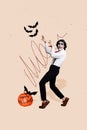 Vertical collage of funky horrifying dead costume guy sneaky walk scare flying bats halloween pumpkin isolated on beige