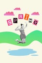 Vertical collage funky jumping girl warm day after rain nature awakening concept spring time good mood summer dress