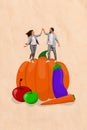 Vertical collage of funky partners hold hands dance huge pumpkin fresh apple eggplant carrot isolated on paper beige