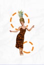 Vertical collage of funky young lady wearing leopard print dress exotic atmosphere headwear absurd pineapple isolated on