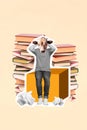 Vertical collage of head animal absurd cow surrealism hands head confused stupid student no time reading books isolated