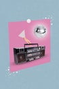 Vertical collage illustration of arm touch play boombox music flowing disco ball isolated on painted background