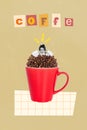 Vertical collage illustration of black white gamma girl inside big coffee beans cup isolated on creative background Royalty Free Stock Photo