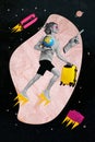 Vertical collage illustration of crazy cool man flying reactive rocket sneakers baggage hold earth globe space tourism