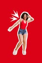 Vertical collage illustration of excited cheerful girl show v-sign dancing isolated on drawing red background Royalty Free Stock Photo