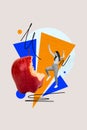 Vertical collage illustration of funky girl diet lunch bite huge red apple healthcare nutrition and dancing isolated on