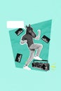 Vertical collage illustration head horse mammal animal mask man dancing listen cassette player tape record isolated on