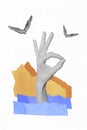 Vertical collage illustration of human arm black white gamma demonstrate okey symbol small hands birds flight paper