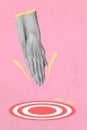 Vertical collage illustration of human hands black white colors aiming painted target your goal isolated on pink