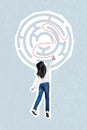 Vertical collage illustration of little girl hand drawing labyrinth line isolated on creative painted background