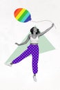 Vertical collage illustration of overjoyed cheerful girl black white colors hold rainbow balloon flying isolated on