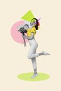 Vertical collage illustration poster monochrome effect tenderness pose model woman headless hold bouquet colorful beige