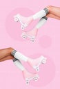 Vertical collage illustration of two girl cropped legs rollerblades isolated on checkered pink background Royalty Free Stock Photo