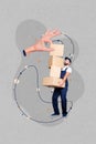 Vertical collage image of arm fingers hold carton box mini delivery man hold pile stack packages isolated on painted