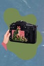 Vertical collage image of arm hold photo camera shooting fresh flowers isolated on drawing background