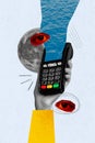 Vertical collage image of arm hold pos terminal ocean water watching eyes full moon isolated on creative painted