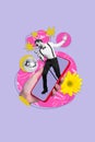 Vertical collage image of arm hold smart phone display mini black white colors guy sing microphone disco ball flower
