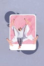 Vertical collage image of arms fingers hold blanket mini positive girl stretching inside social media post picture