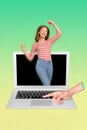 Vertical collage image of big arm finger point netbook delighted girl display raise fists celebrate success isolated on