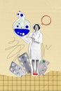 Vertical collage image of black white effect doctor girl hand hold showing big experiment bottle dialogue bubble pills Royalty Free Stock Photo