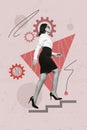 Vertical collage image of black white effect elegant lady walk climb stairs upwards cogwheel gear isolated on painted Royalty Free Stock Photo