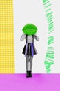 Vertical collage image of black white effect girl big green pouted kissing lips instead head isolated on drawing