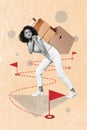 Vertical collage image of black white effect girl carry pile stack heavy boxes back delivery destination flags isolated